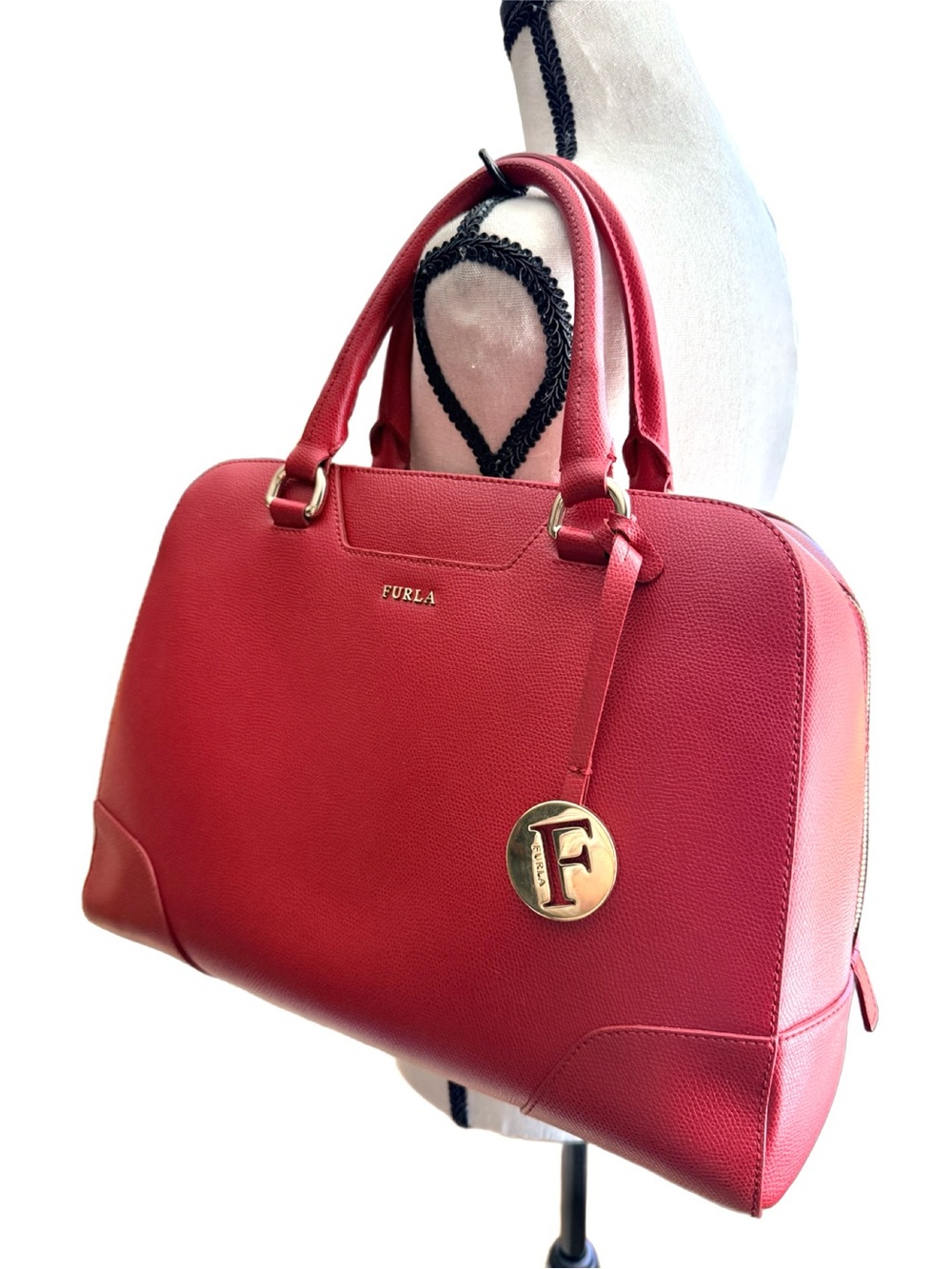 Furla Victoria Dome Satchel Red Leather Top Handle Bag Gold Charm